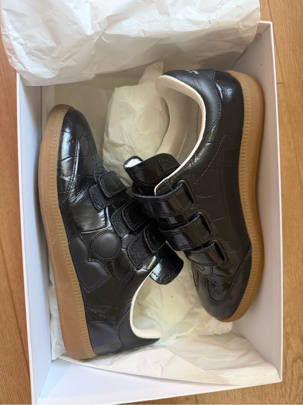 Isabel Marant Brycy Black Croc Leather Sneakers with Gum Sole - Velcro Closure